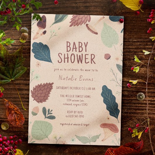 Invitation Feuilles et champignons | Baby shower Automne Rust