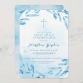 Invitation Feuilles et croix de couleur bleu communion (Devant / Derrière)