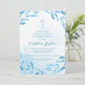 Invitation Feuilles et croix de couleur bleu communion (Debout devant)