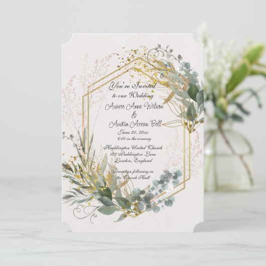 Invitation Feuilles Eucalyptus avec Accents Or et Cadre (Debout devant)