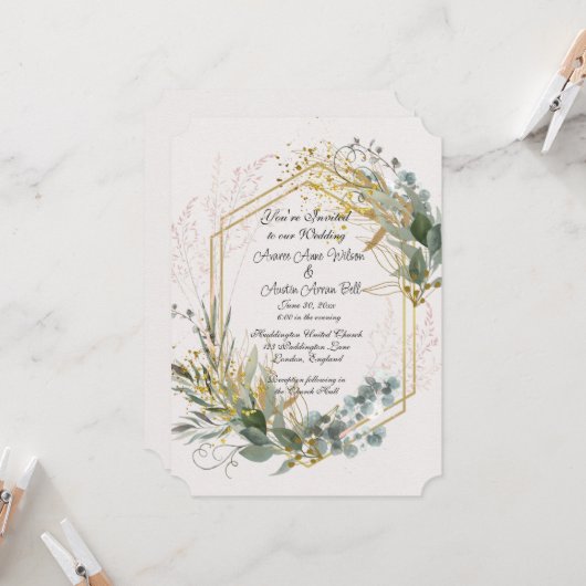 Invitation Feuilles Eucalyptus avec Accents Or et Cadre (Devant/Arrière en situation)