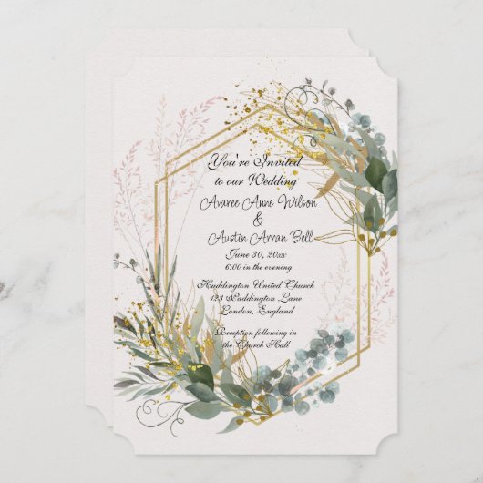 Invitation Feuilles Eucalyptus avec Accents Or et Cadre (Devant / Derrière)