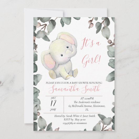 Invitation Feuilles Eucalyptus Baby shower fille (Devant)