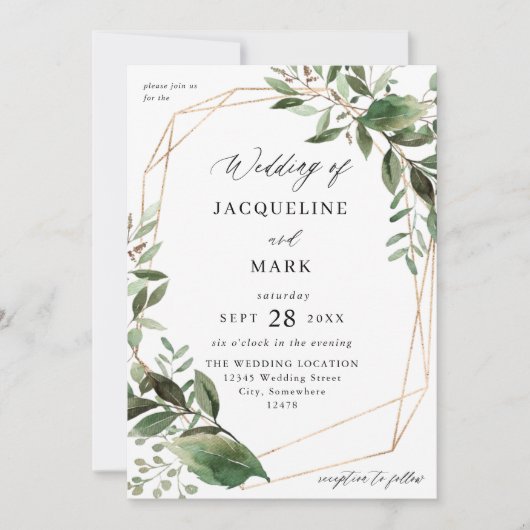 Invitation Feuilles & Eucalyptus Mariage or - Vert (Devant)