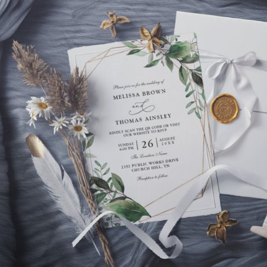 Invitation Feuilles Eucalyptus Or Budget Code QR Mariage