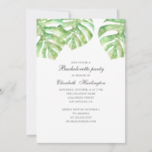 Invitation Feuilles exotiques d'été. Bachelorette tropicale (Devant)