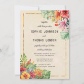 Invitation Feuilles exotiques et fleurs mariage aquarelle (Devant)