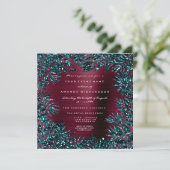 Invitation Feuilles Florales Tropicales Cadre Paillettes Turq (Debout devant)