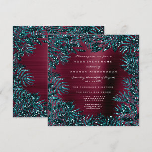 Invitation Feuilles Florales Tropicales Cadre Paillettes Turq