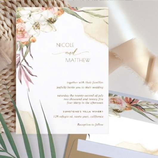 Invitation Feuilles floraux de palme, Mariage de crème et de