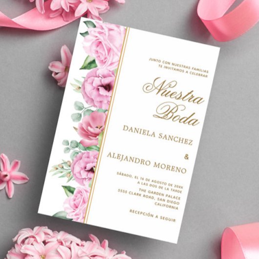 Invitation Feuilles floraux rose Nuestra Boda Mariage espagno