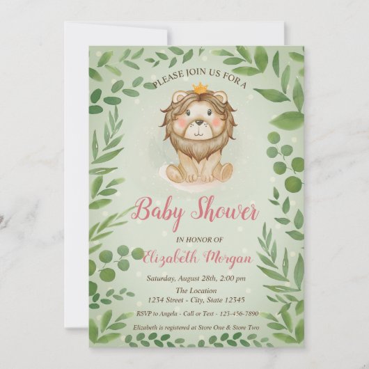 Invitation Feuilles Lion mignons, Baby shower Points Bleus (Devant)