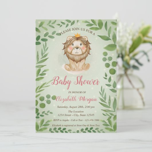 Invitation Feuilles Lion mignons, Baby shower Points Bleus (Debout devant)