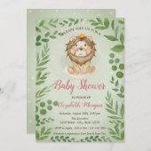 Invitation Feuilles Lion mignons, Baby shower Points Bleus (Devant / Derrière)