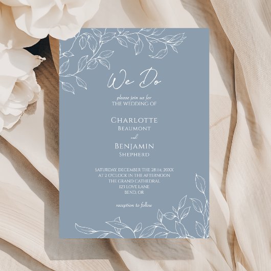 Invitation Feuilles minimum bleu Dusty Nous faisons Mariage