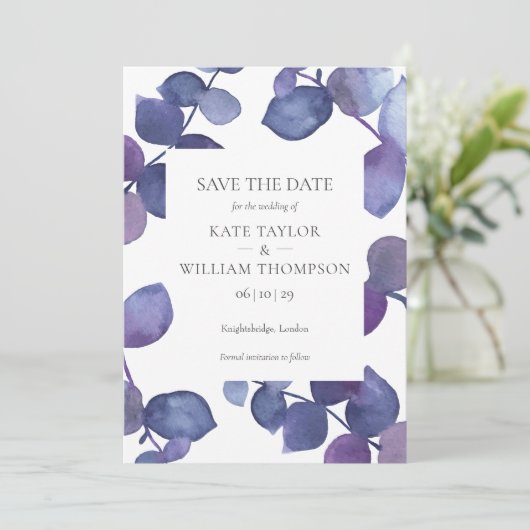 Invitation Feuilles modernes d'Eucalyptus violet Enregistrer (Debout devant)