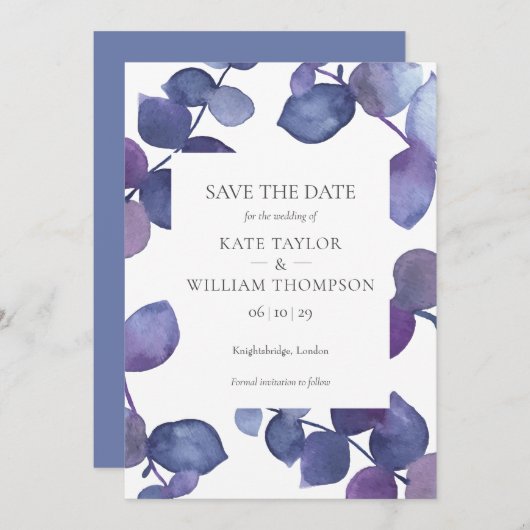 Invitation Feuilles modernes d'Eucalyptus violet Enregistrer (Devant / Derrière)