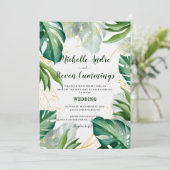 Invitation Feuilles Modernes Vertes et Dorées Mariage Tropica (Debout devant)