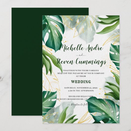 Invitation Feuilles Modernes Vertes et Dorées Mariage Tropica (Devant / Derrière)