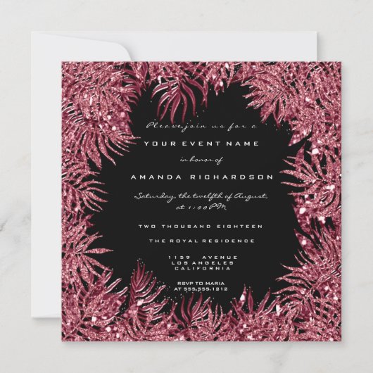 Invitation Feuilles Red Bean Fern Cadre Métallurique Noir Ros (Devant)