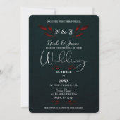 Invitation Feuilles rouges brillants Noir moderne Glam Mariag (Devant)
