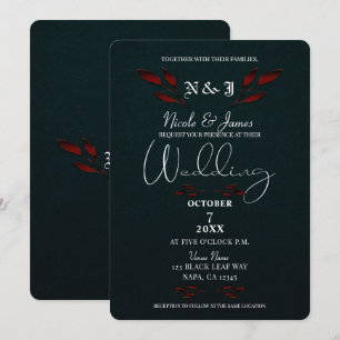 Invitation Feuilles rouges brillants Noir moderne Glam Mariag