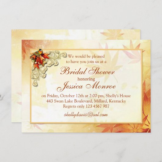 Invitation Feuilles rouges d'automne et Fête de l'mariée d'oi (Devant / Derrière)