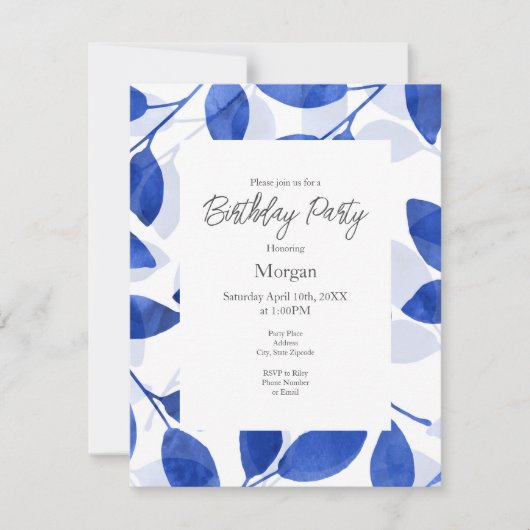 Invitation Feuilles Royal Blue Watercolor (Devant)