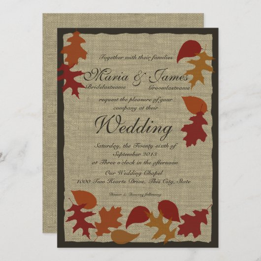 Invitation Feuilles rustiques et Mariage Burlap (Devant / Derrière)