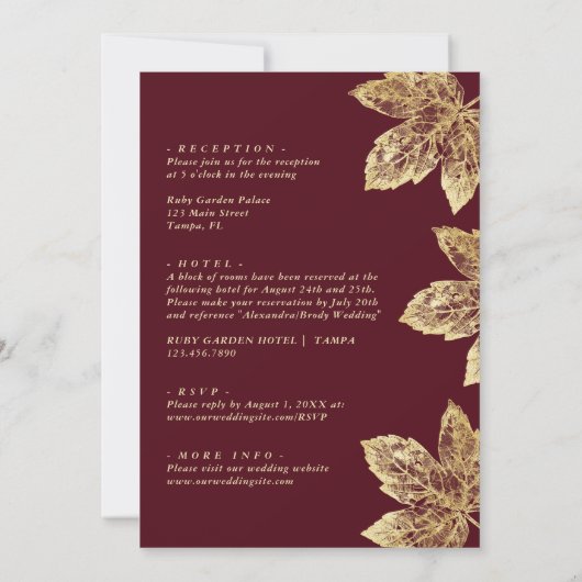 Invitation Feuilles Rustiques Rouges Et Or Tout En Un Mariage (Dos)