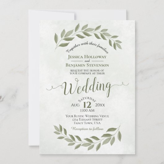 Invitation Feuilles Sage Green Laurel Mariage simple Aquarell (Devant)