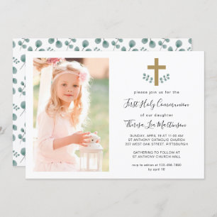 Invitation Feuilles simples avec Croix de la Sainte Communion