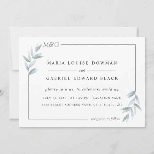 Invitation Feuilles simples et délicats. Cadre Aéré. Mariage (Devant)