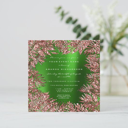 Invitation Feuilles Tropical Fern Cadre Rose Or Cuivre Vert (Debout devant)