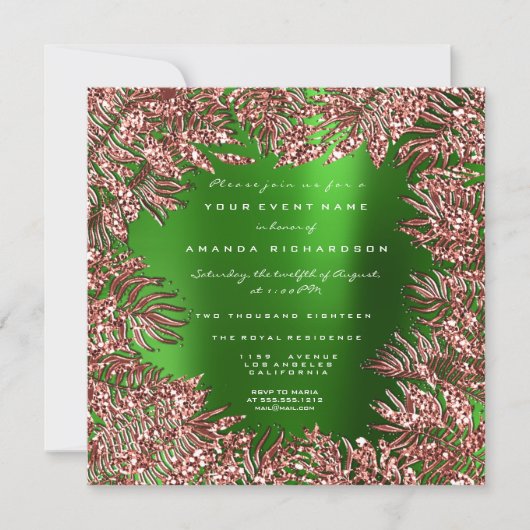 Invitation Feuilles Tropical Fern Cadre Rose Or Cuivre Vert (Devant)