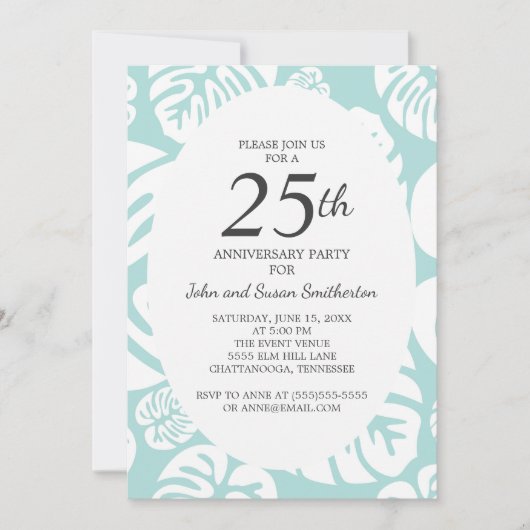 Invitation Feuilles Tropicales Blanches Bleu Clair 25e Annive (Devant)