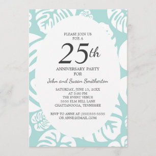 Invitation Feuilles Tropicales Blanches Bleu Clair 25e Annive