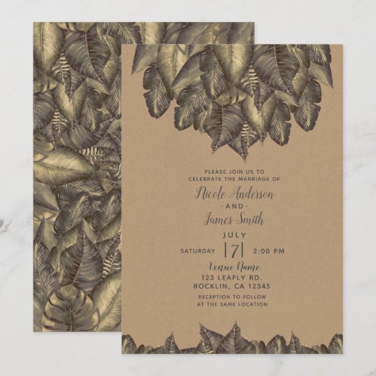 Invitation Feuilles Tropicales Botaniques Rustiques Mariage V (Devant / Derrière)