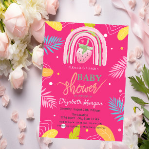 Invitation Feuilles Tropicales de Fraise Rose Baby Shower