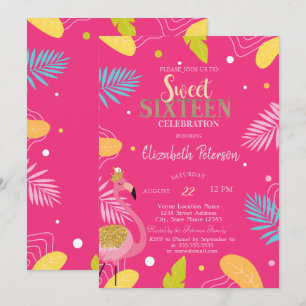 Invitation Feuilles Tropicales Flamants Roses Sweet 16 