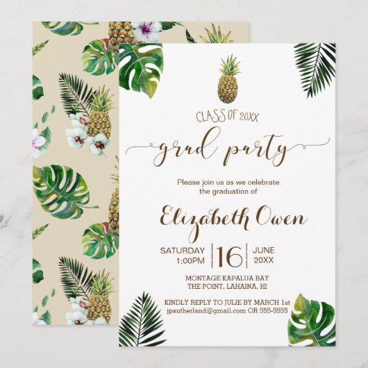 Invitation Feuilles Tropicales Luau de graduation à l'ananas (Devant / Derrière)