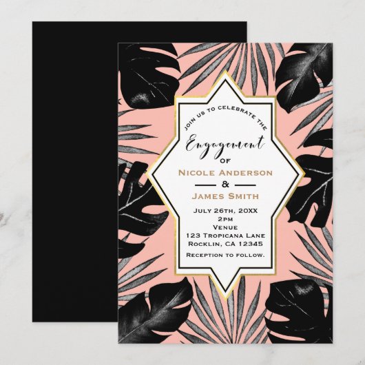 Invitation Feuilles tropicales noires Corail Or Rose Engageme (Devant / Derrière)