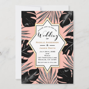 Invitation Feuilles Tropicales Noires et Or Corail Péché Mari
