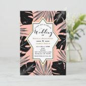 Invitation Feuilles Tropicales Noires et Or Corail Péché Mari (Debout devant)