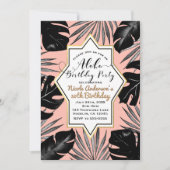 Invitation Feuilles Tropicales Noires & Or Corail Peach Anniv (Devant)