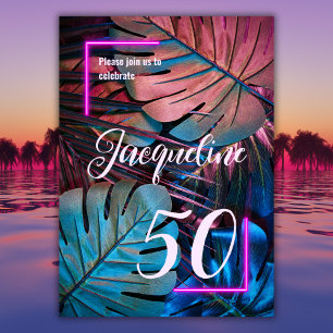 Invitation Feuilles tropicales personnalisées Néon Rose 50e a