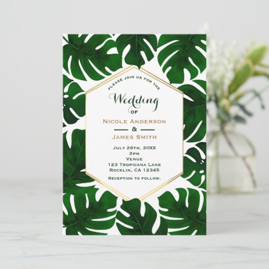 Invitation Feuilles tropicales vert foncé Mariage blanc et or (Debout devant)