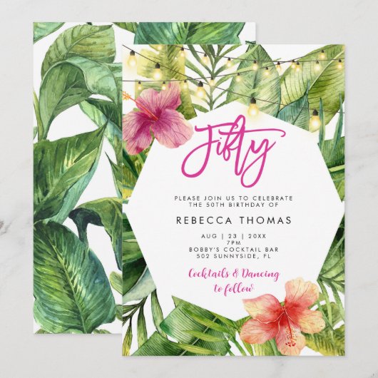 Invitation Feuilles tropicaux cinquante anniversaire invitati (Devant / Derrière)