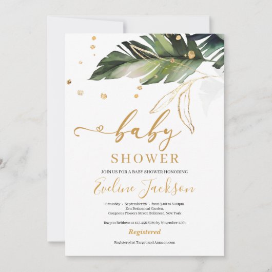 Invitation Feuilles tropicaux d'été et baby shower fille or (Devant)