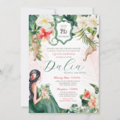 Invitation Feuilles tropicaux Emerald Green Floral Quinceaner (Devant)